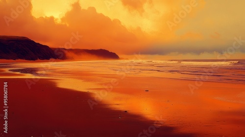 A beach scene with the sky fading from orange to indigo.. --
