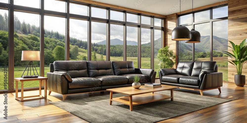 In a stylish and open living room, a sleek black leather sofa is accentuated by natural wood accents, In a stylish and open living room, a sleek black leather sofa is accentuated by natural wood accents,
