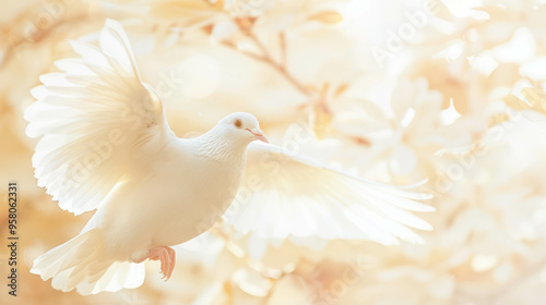 Realistic portrait of a white dove flying on a white background. AI generative. photo