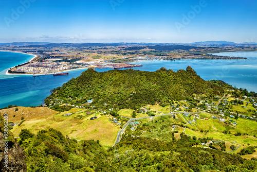 Whangarei Heads with Marsden Point, North Island, New Zealand, Oceania. photo