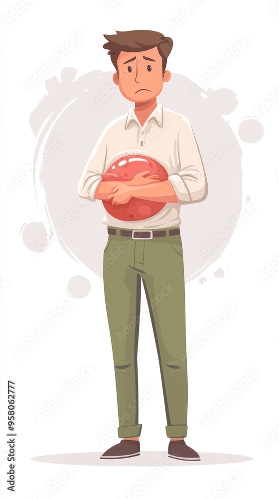A man with a worried expression holds a red ball in his arms. He is wearing a white shirt, green pants, and black shoes. A man with a worried expression holds a red ball in his arms. He is wearing a white shirt, green pants, and black shoes.