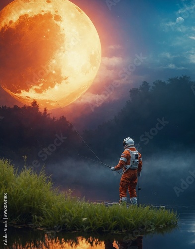 A space suit-wearing astronaut goes fishing in a pond. Nature's tranquilly and peace, a peaceful time of rest. Concept of fishing, nature, and astronauts