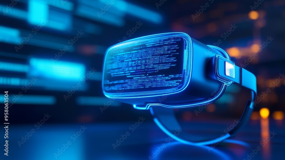 Virtual reality coding, optimization process, futuristic lab, glowing blue Virtual reality coding, optimization process, futuristic lab, glowing blue