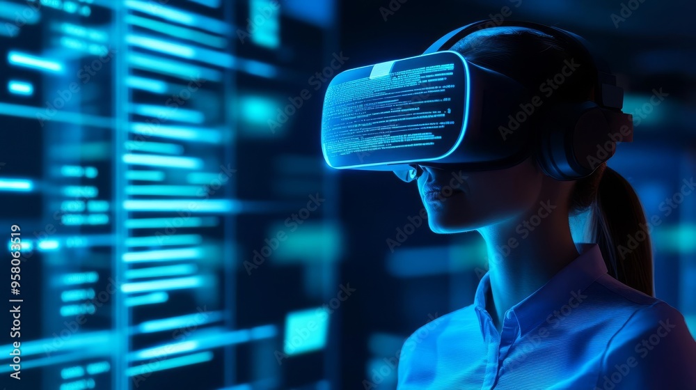 Virtual reality coding, optimization process, futuristic lab, glowing blue Virtual reality coding, optimization process, futuristic lab, glowing blue