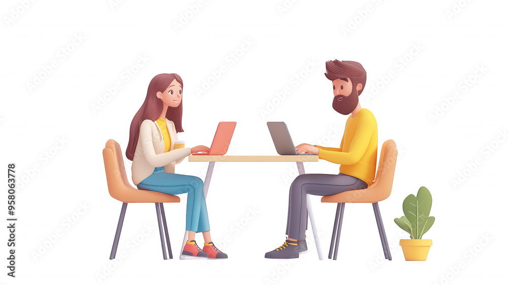 3D Cartoon Characters of a Man and Woman Conversing at a Table with a Laptop, for Web Banner, Advertising, and Magazine Cover Design, transparent background