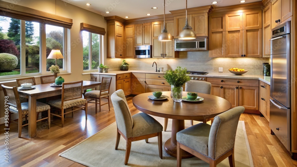 In this 2002 kitchen dining area, light wood cabinetry, stainless steel appliances, and plush velvet seating come In this 2002 kitchen dining area, light wood cabinetry, stainless steel appliances, and plush velvet seating come