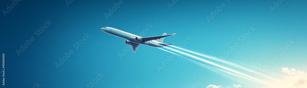 A commercial airplane flying through clear blue sky, leaving vapor trails behind, evokes sense of freedom and adventure. A commercial airplane flying through clear blue sky, leaving vapor trails behind, evokes sense of freedom and adventure.