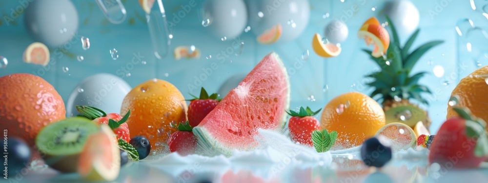Fresh fruits splashing in water with vibrant background Fresh fruits splashing in water with vibrant background