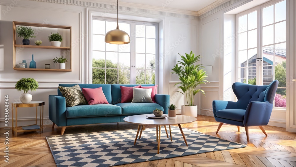 Fototapeta premium In this lively living space, a blue couch forms a striking contrast with a pink armchair, which sits