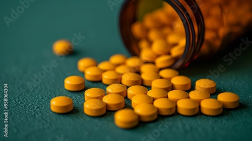 Yellow Pills Spilled from a Brown Bottle