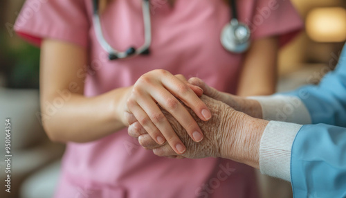 Young nurse holding hand of senior patient giving support