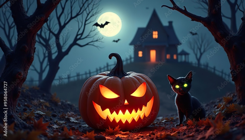 Gruselige Halloween-Nacht: Leuchtender Kürbis und schwarze Katze vor einem Spukhaus Gruselige Halloween-Nacht: Leuchtender Kürbis und schwarze Katze vor einem Spukhaus
