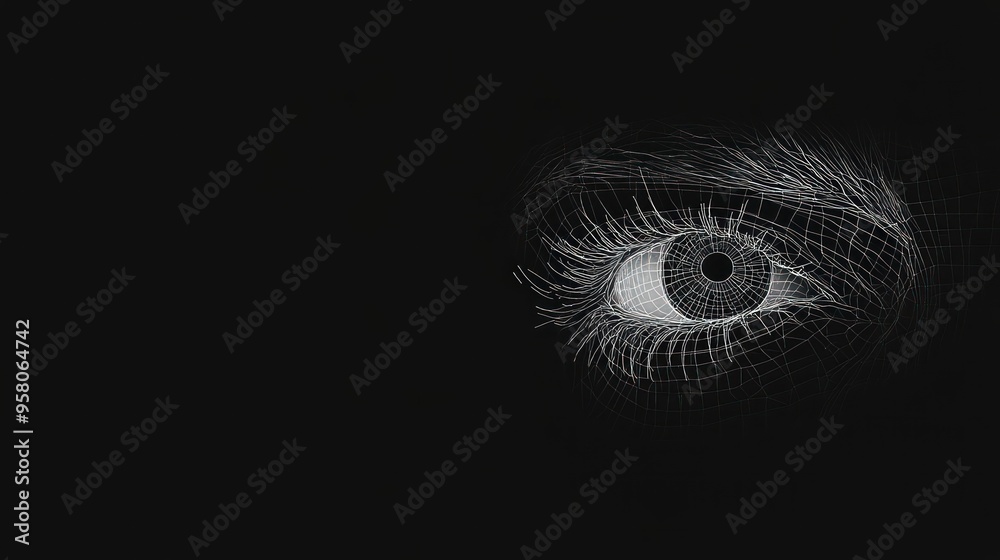 A close-up of a human eye, rendered in a wireframe style, isolated on a black background. A close-up of a human eye, rendered in a wireframe style, isolated on a black background.