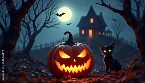 Gruselige Halloween-Nacht: Leuchtender Kürbis und schwarze Katze vor einem Spukhaus