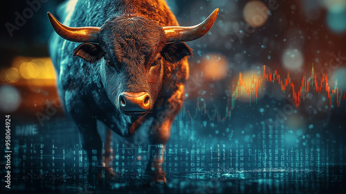 A dynamic photo of bull market concept, showcasing powerful bull against backdrop of financial data and market trends. image evokes sense of strength and optimism.