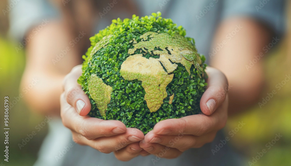 Woman holding green earth globe covered with plants symbolizing ecology Woman holding green earth globe covered with plants symbolizing ecology