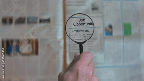 job search,person holding magnifying glass over classified section of jobs opportunity text on newspaper,employment ad advertising