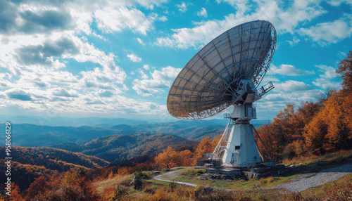 Large satellite dish antenna pointing to the sky from mountain top on a sunny day