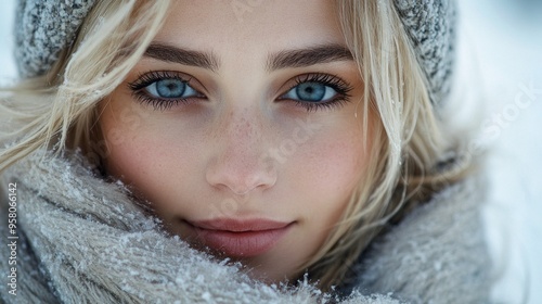 A woman with blue eyes and a white scarf covering her face. She has a smile on her face