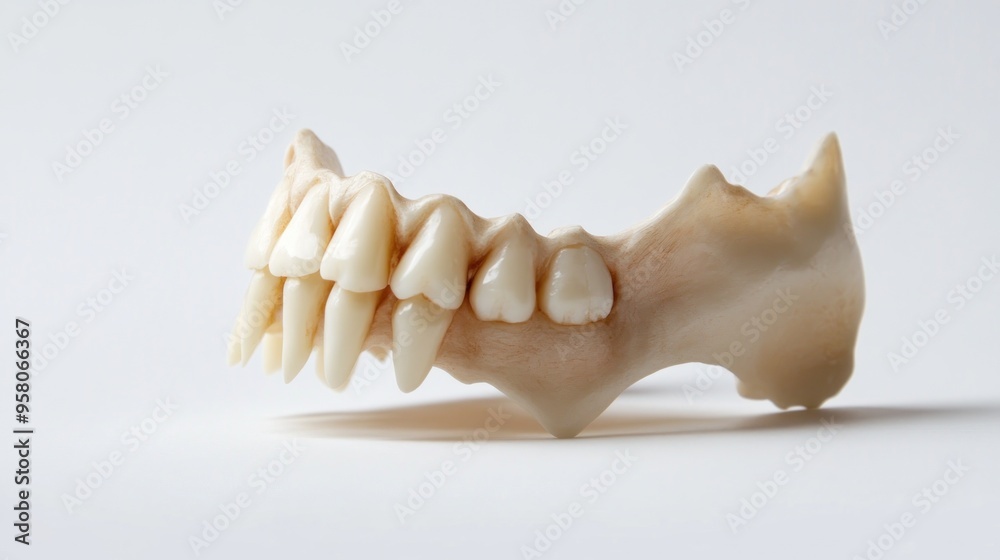 A close-up of a human jawbone with teeth on a white background. A close-up of a human jawbone with teeth on a white background.