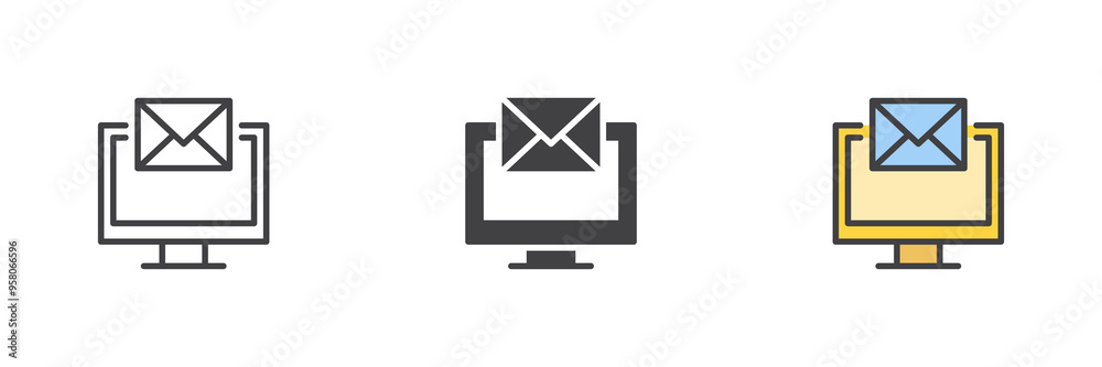 Computer monitor and envelope different style icon set Computer monitor and envelope different style icon set