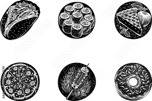 Donut, pizza, slice of apple pie, kebab on skewer, pita and maki rolls. Vector set of hand drawn round icons on transparent background