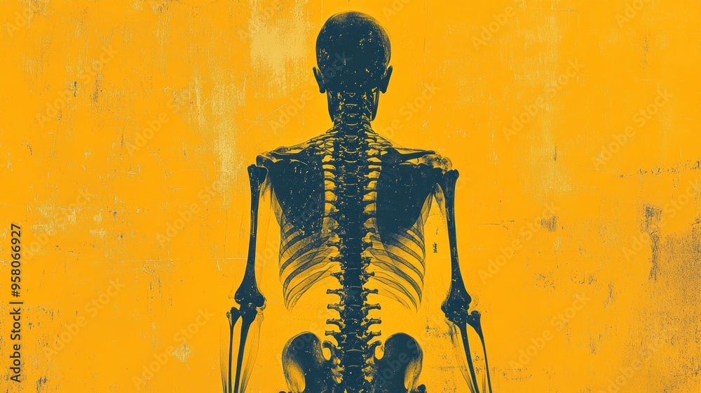 A human skeleton viewed from behind, with a grunge effect yellow background. A human skeleton viewed from behind, with a grunge effect yellow background.