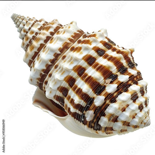 dorned with brown stripes and white seashell isolated on white background  photo