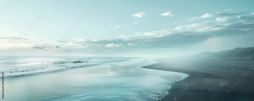 Fototapeta premium Early morning mist rolling over a deserted beach, 4K hyperrealistic photo