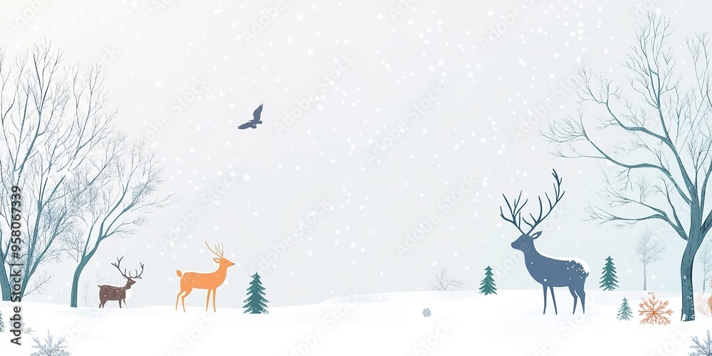 Serene winter landscape with deer and eagle. Serene winter landscape with deer and eagle.