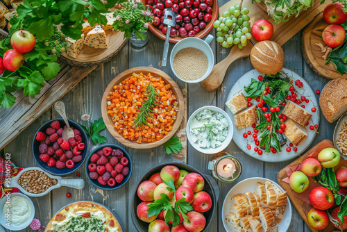 Traditional dishes covering a wooden table for rosh hashanah celebration photo