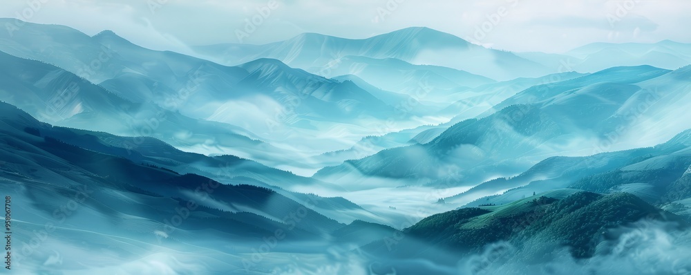 Misty hills with layers of blue and green, 4K hyperrealistic photo Misty hills with layers of blue and green, 4K hyperrealistic photo