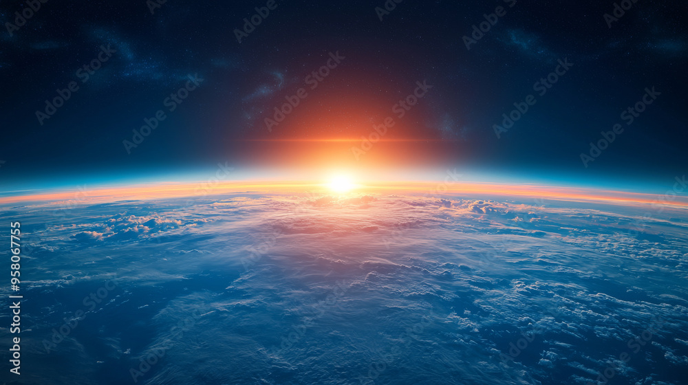 A breathtaking view of Earth from space, showcasing vibrant colors of ozone layer and stunning sunrise on horizon. A breathtaking view of Earth from space, showcasing vibrant colors of ozone layer and stunning sunrise on horizon.