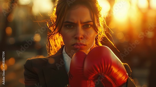 A female executive in a suit with boxing gloves, practicing punches in a city park at sunset.