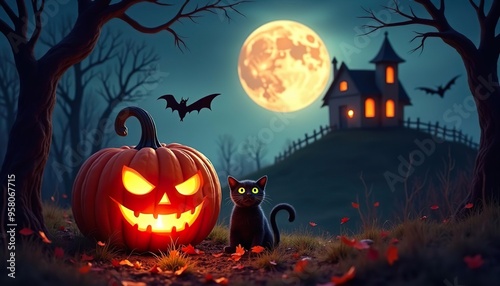 Unheimliche Halloween-Szene: Leuchtender Kürbis und schwarze Katze vor Vollmond und Spukhaus