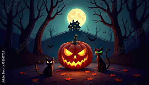 Mystische Halloween-Nacht: Leuchtender Kürbis und schwarze Katzen vor Spukhaus im Mondlicht