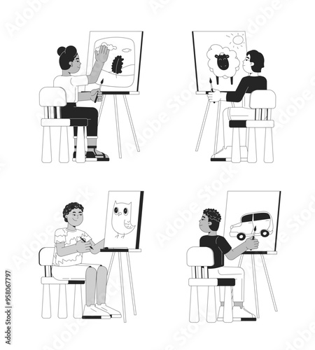 Diverse preteen kids painting canvas with easel black and white 2D line characters set. Schoolkids artists isolated vector outline people. Art studio classes monochrome spot illustrations collection