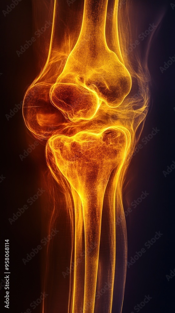 An abstract representation of a knee joint with a fiery, glowing effect, symbolizing pain, inflammation, or injury. An abstract representation of a knee joint with a fiery, glowing effect, symbolizing pain, inflammation, or injury.