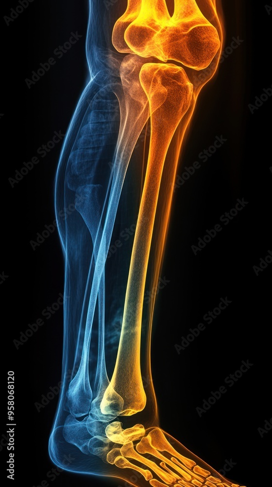 A glowing, abstract illustration of a human leg bone, showcasing the tibia and fibula bones, knee joint, and ankle joint. A glowing, abstract illustration of a human leg bone, showcasing the tibia and fibula bones, knee joint, and ankle joint.