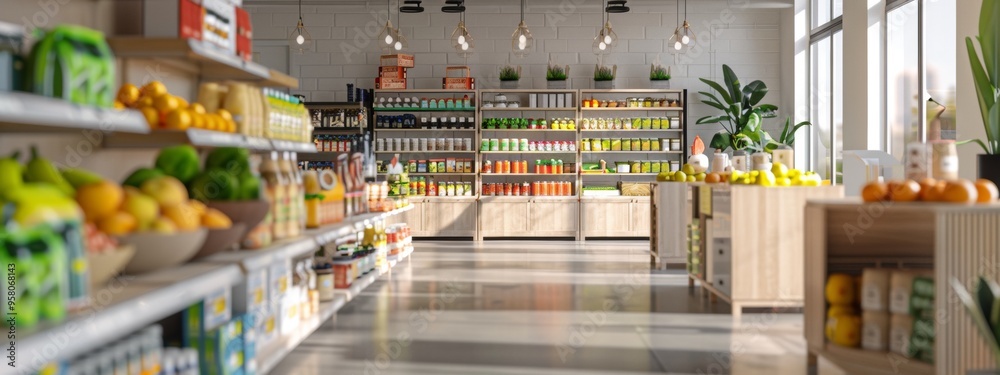 Modern supermarket interior with fresh produce on display Modern supermarket interior with fresh produce on display