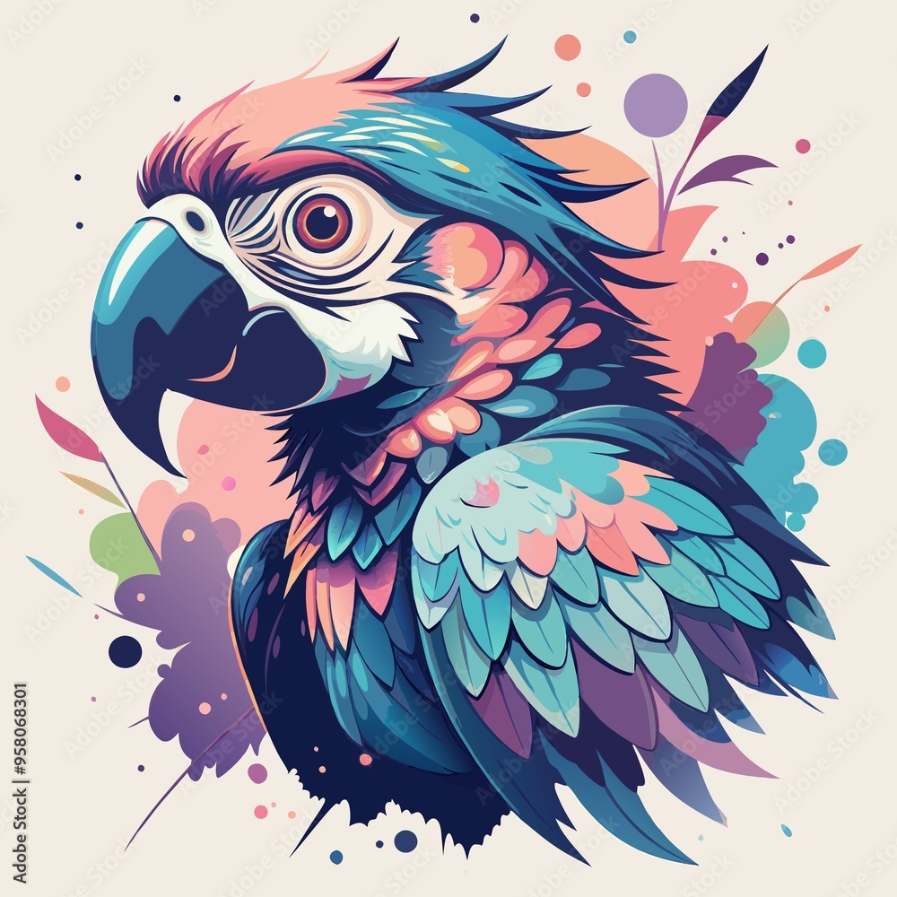Naklejka premium Colorful parrot portrait design for T-shirt print with vibrant colors and artistic foliage background