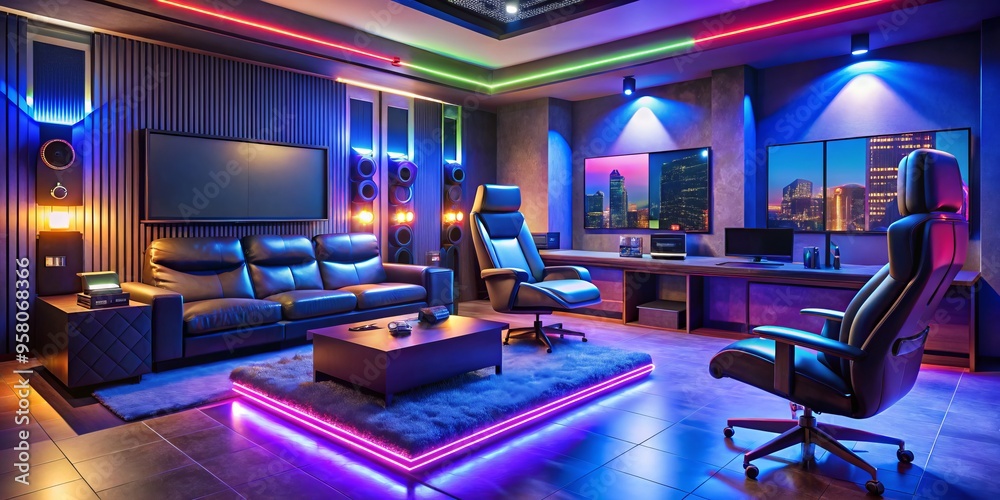 * Modern gaming lair featuring ergonomic seating, electrifying light shows, and state-of-the-art equipment for a * Modern gaming lair featuring ergonomic seating, electrifying light shows, and state-of-the-art equipment for a