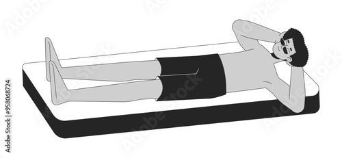 Relaxed latin american man lying on pool air mattress black and white 2D line character. Hispanic guy chilling at poolside solated vector outline person. Monochromatic spot illustration