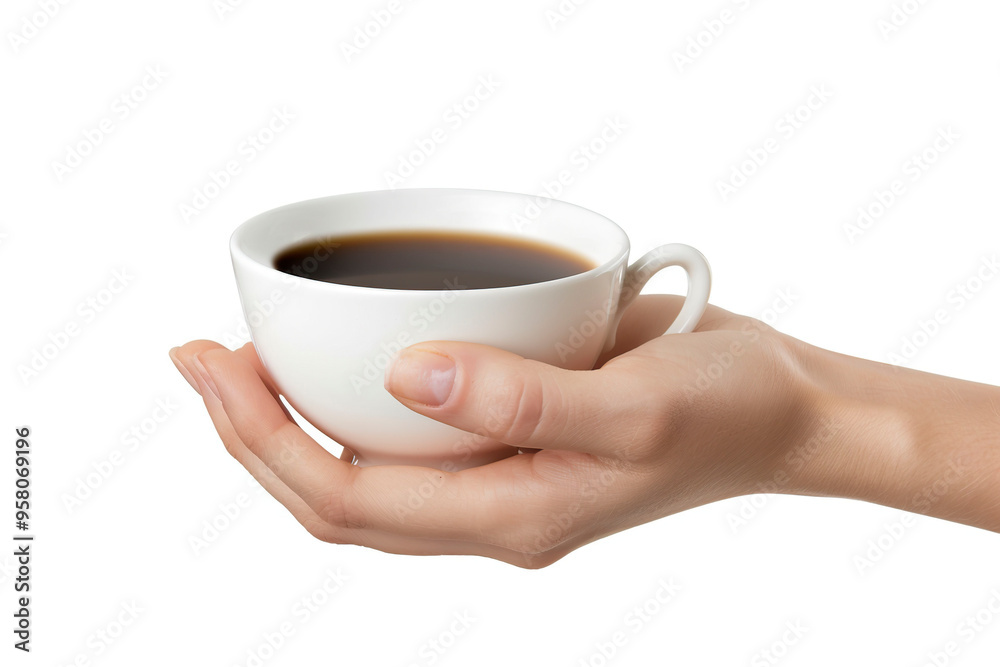 Female hand holding cup of coffee isolated on white background.