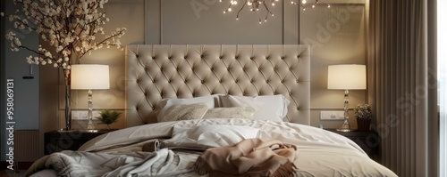 Elegant bedroom with a tufted headboard and luxurious linens, 4K hyperrealistic photo