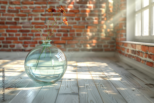 A 3D-rendered room features a brick wall and a glass vase as focal point  photo