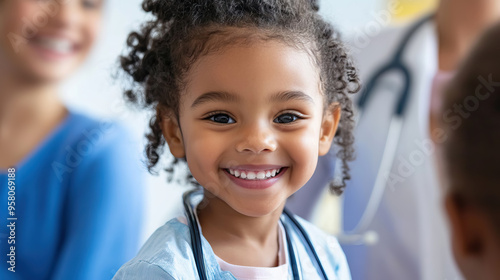 close up happy cute black little girl wearing stethoscope with doctor in health fair event against blurred background with copy space for child health day.