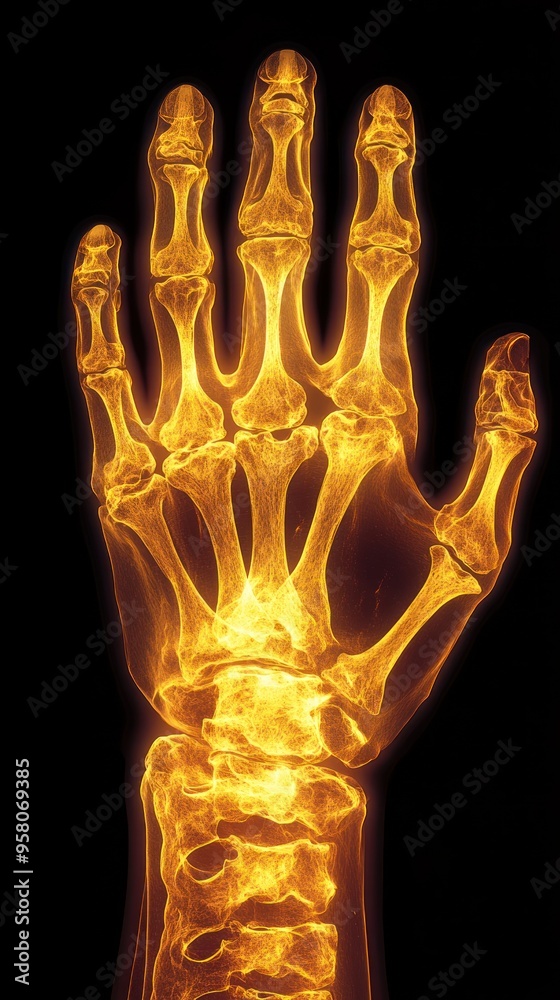 An x-ray image of a human hand, showing the bones and joints. The image is in a warm, orange color, with a black background. An x-ray image of a human hand, showing the bones and joints. The image is in a warm, orange color, with a black background.