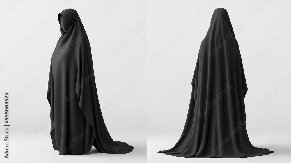 A blank mock up of a black hijab or khimar, showing the front and back A blank mock up of a black hijab or khimar, showing the front and back