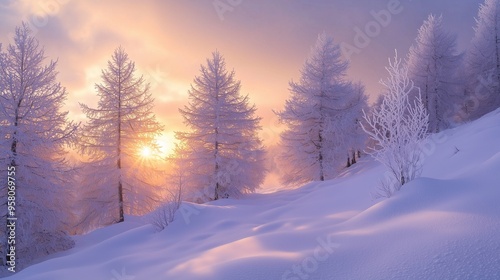 Wallpaper Mural Snowy sunset over a frozen mountain landscape with fir trees Torontodigital.ca